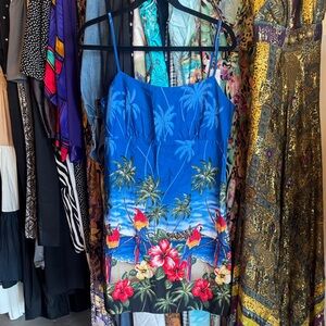 Vintage Blue Tropical Print Spaghetti-Strap Dress